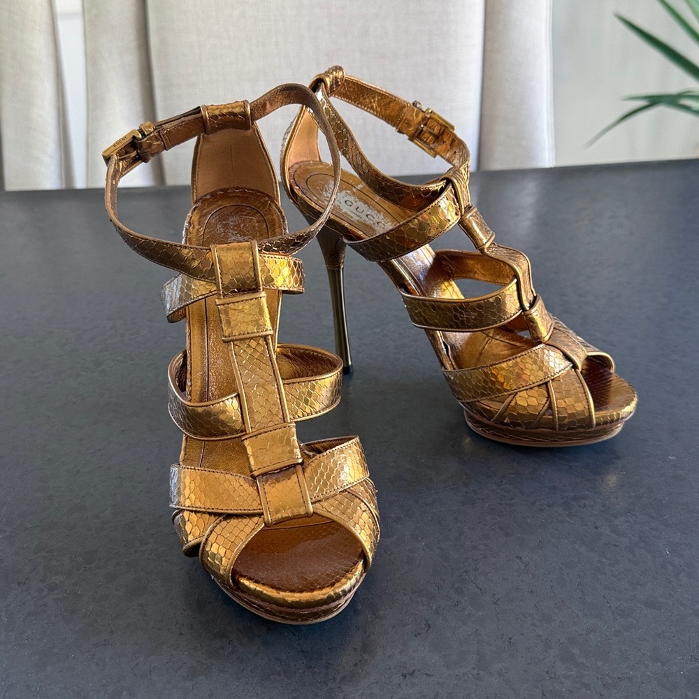 💯 AUTH GUCCI Animal Snake Leather Metallic Gold Bronze Sandals Heels Size 37.5
